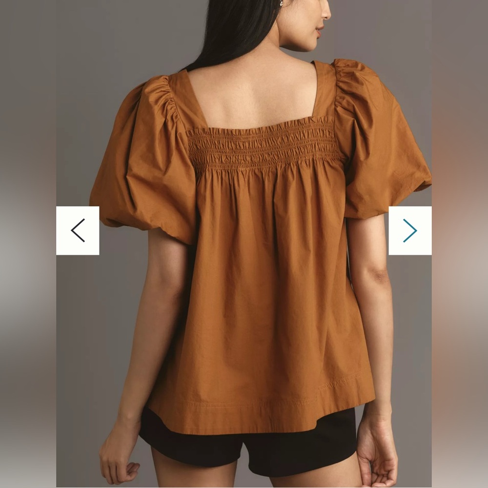 Maeve By Anthropologie Puff-Sleeve Smocked Blouse in Rust Orange, Size M, NWOT